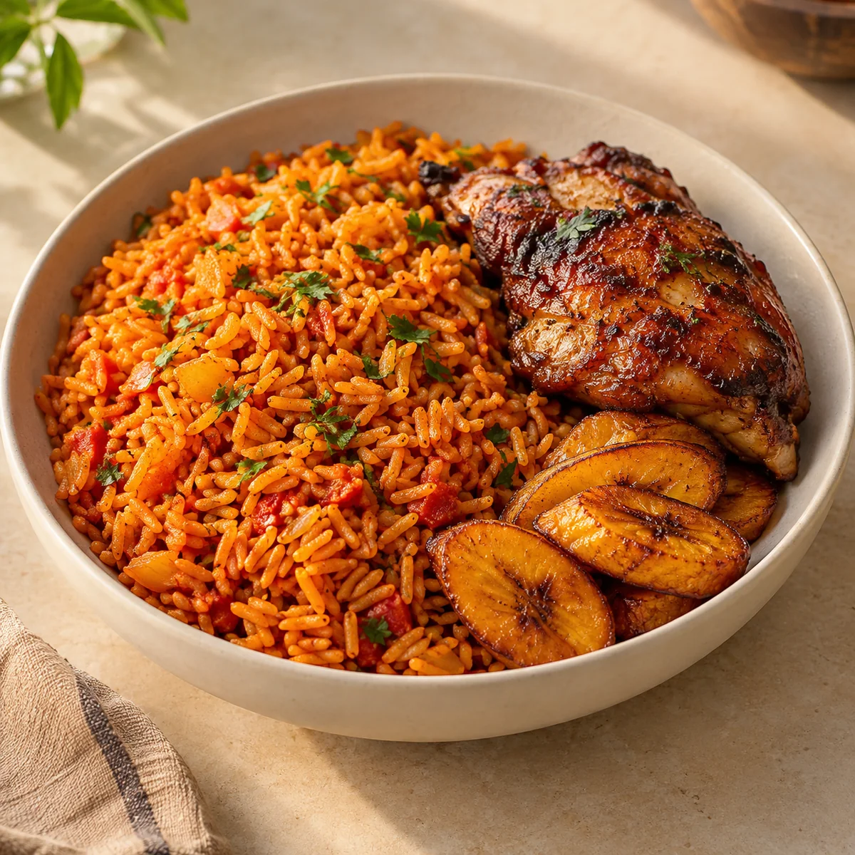 Smoky jollof rice with grilled chicken and golden plantain